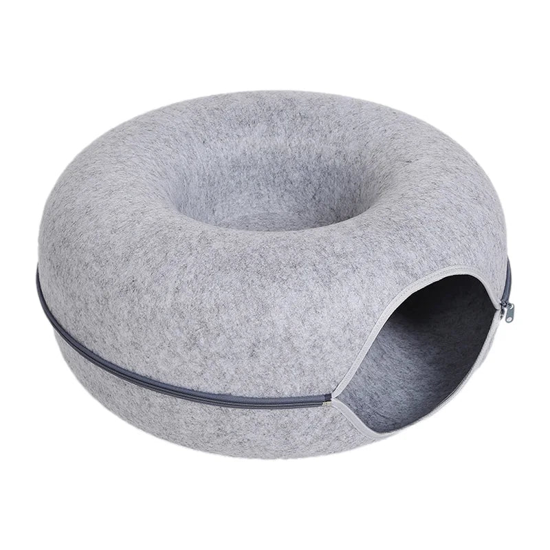 🍩 "Double Trouble Donut Bed" – Felt Hideaway for Feuding Felines (Grey/Black/Blue/Pink)