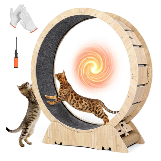 🔥 "45" Cat Marathon Maker" – Silent Wooden Treadmill Wheel for Fluffy Couch Potatoes (Carpeted Runway, Safety Lock)